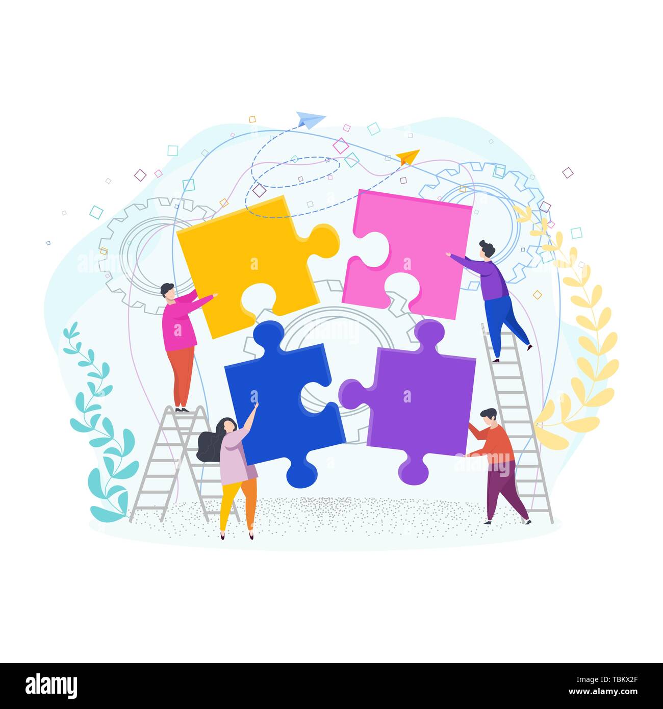 Tiny people assemble a puzzle. Metaphor of teamwork. Stock Vector