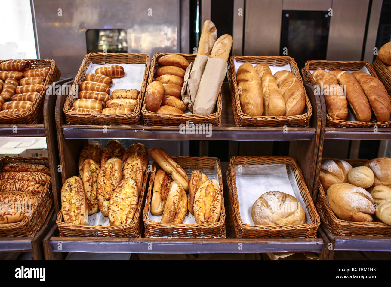 Tasty fresh bakery products in supermarket Stock Photo Alamy