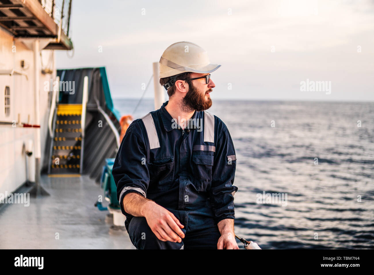 Deck Officer on deck of offshore vessel or ship Stock Photo