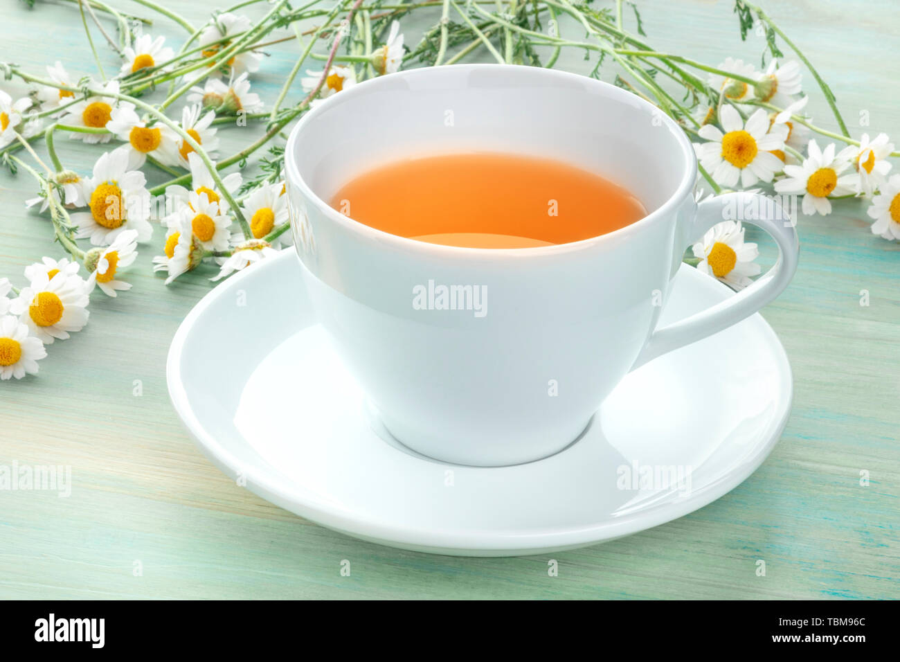 A cup of chamomile tea on a teal blue background with a bouquet of ...