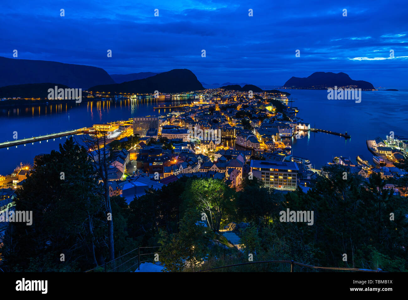 Night aerial cityscape of Alesund from Aksla hill viewpoint, More og Romsdal, Norway Stock Photo