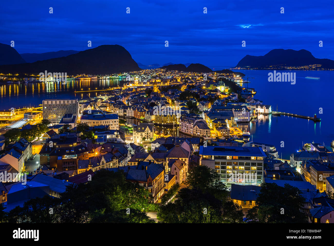 Blue hour view of Alesund, a town in Norway fjord regions famous for Art Nouveau architecture Stock Photo