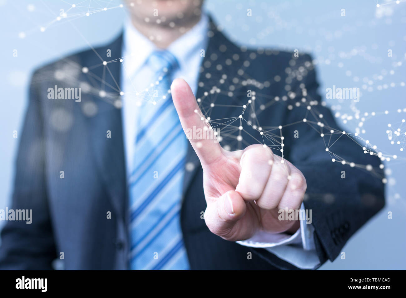 businessman touching virtual screen with cyber icon Stock Photo