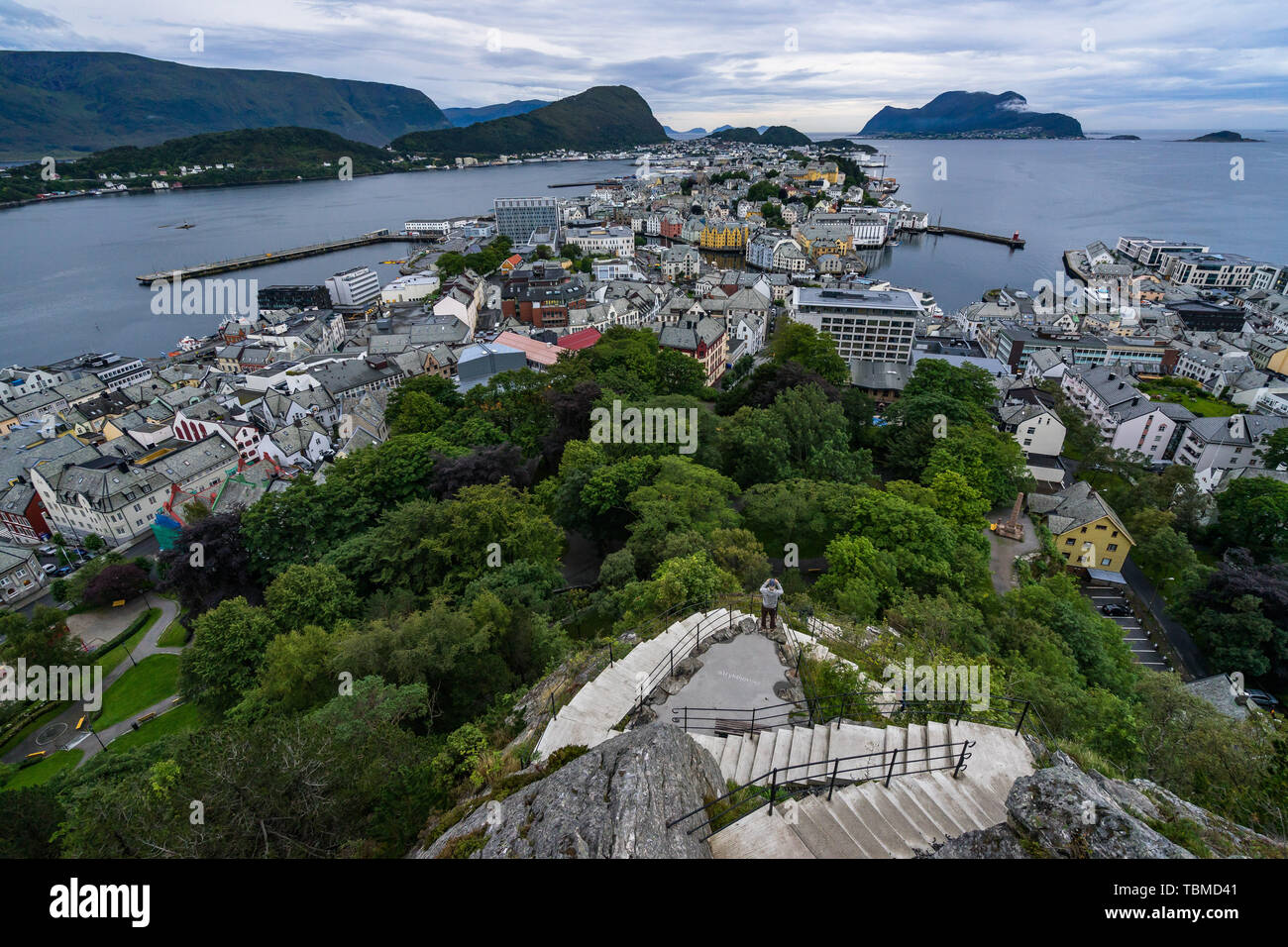 Scenic aerial view of Alesund from Mount Aksla, with the pathway comprised of 418 steps that leads to the top, More og Romsdal, Norway Stock Photo