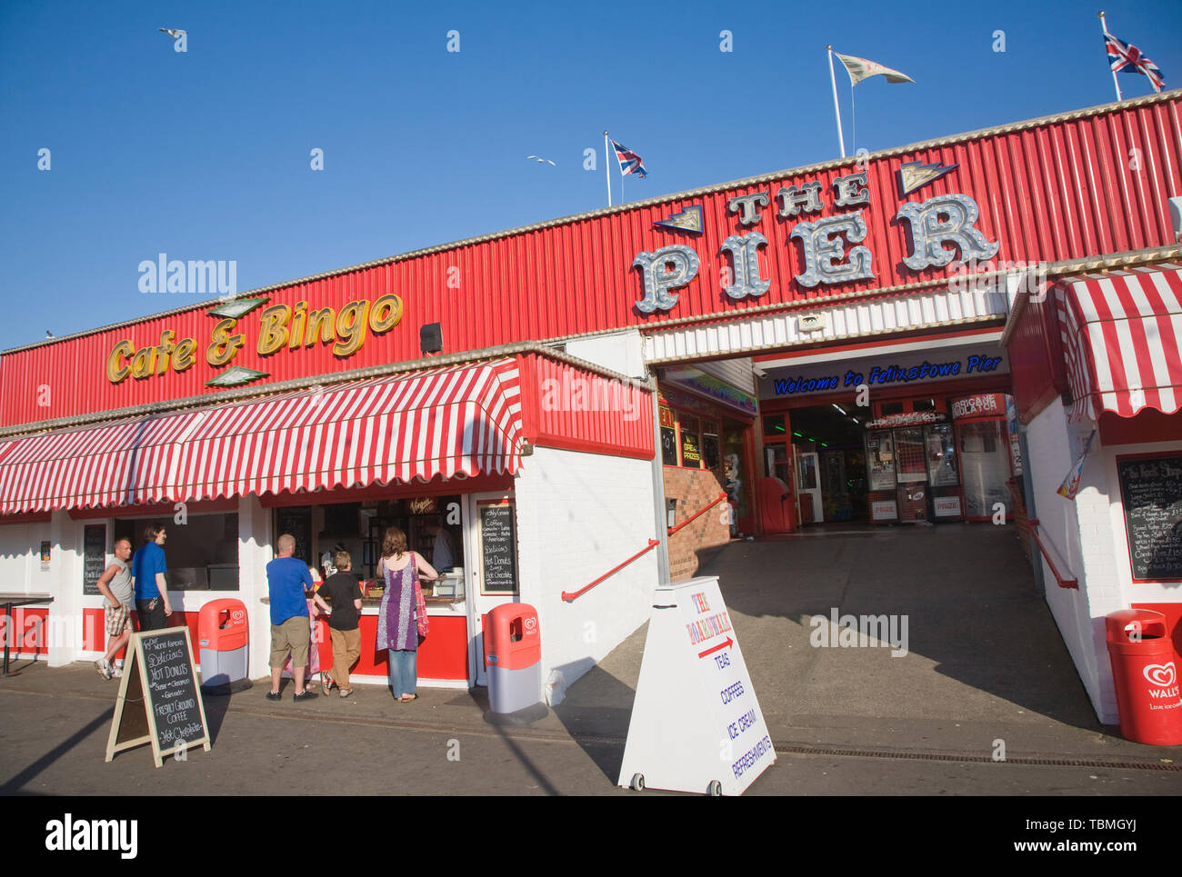 Cafe and bingo, amusement arcade entrance at the  pier Felixstowe, Suffolk, England, UK Stock Photo