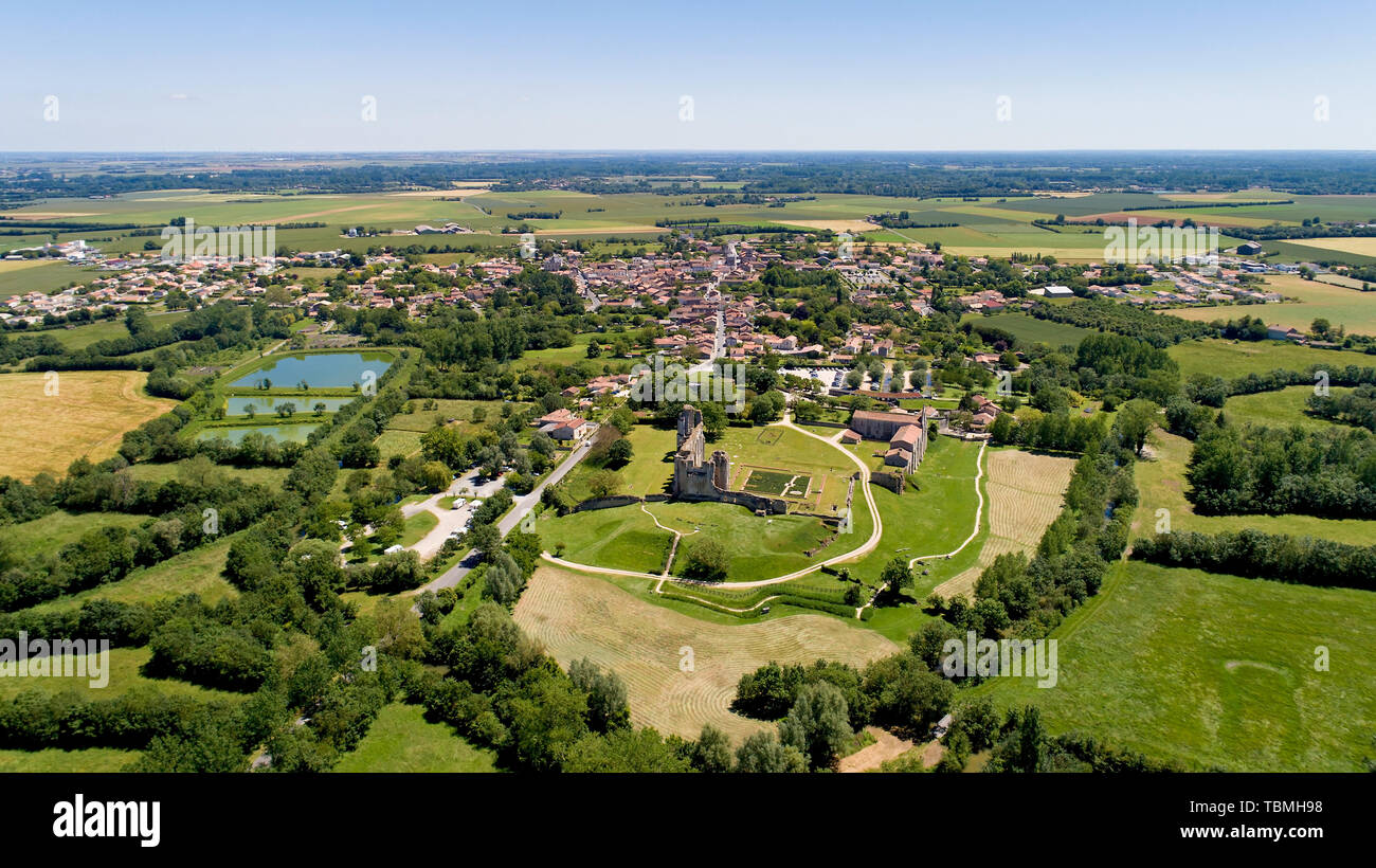 Aerial view of Maillezais abbey in the Poitevin marsh, France Stock Photo