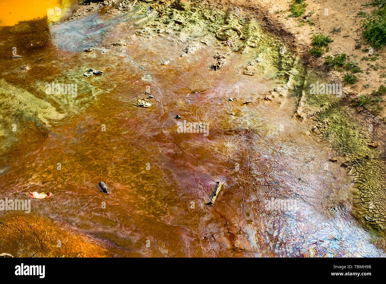Polluted Bogs polluted soil and water with garbage and dangerous solutions Stock ...