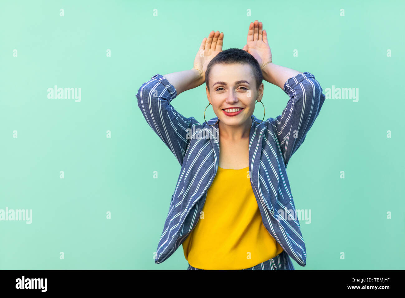 Portrait Of Funny Happy Beautiful Short Hair Young Stylish Woman