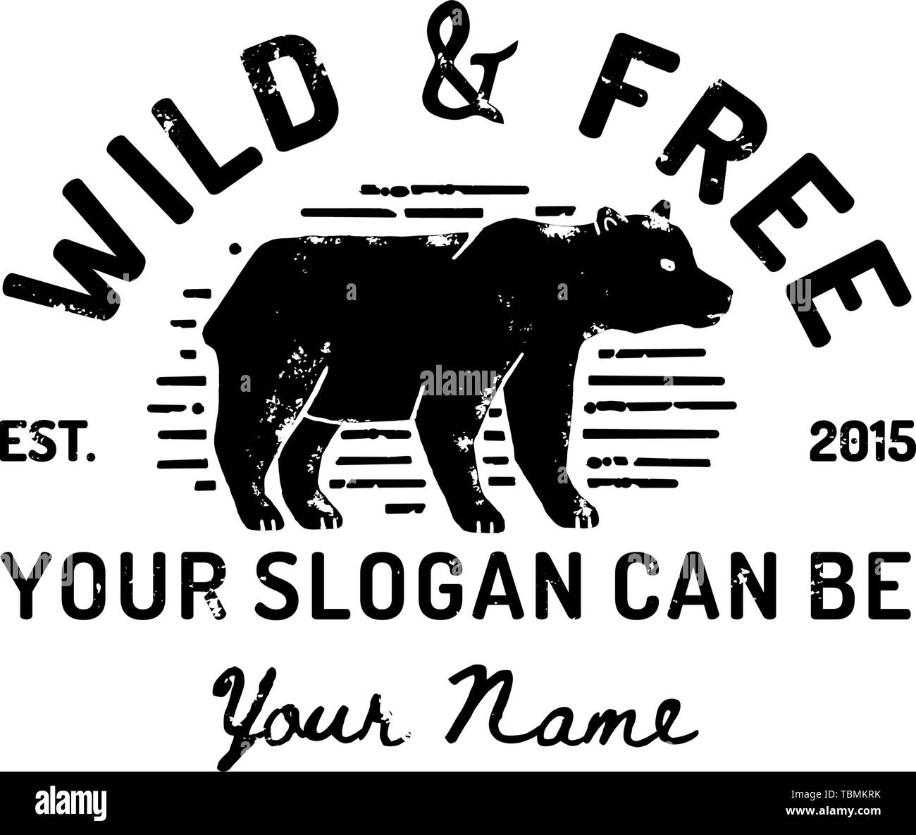 Vintage Grizzly Bear Logo Hand Draw. Vector Symbol Of Wild America, The Silhouette Of A Bear. Vintage typography is Wild and Free. Template for print, poster, t-shirt, cover, banner or other business Stock Vector