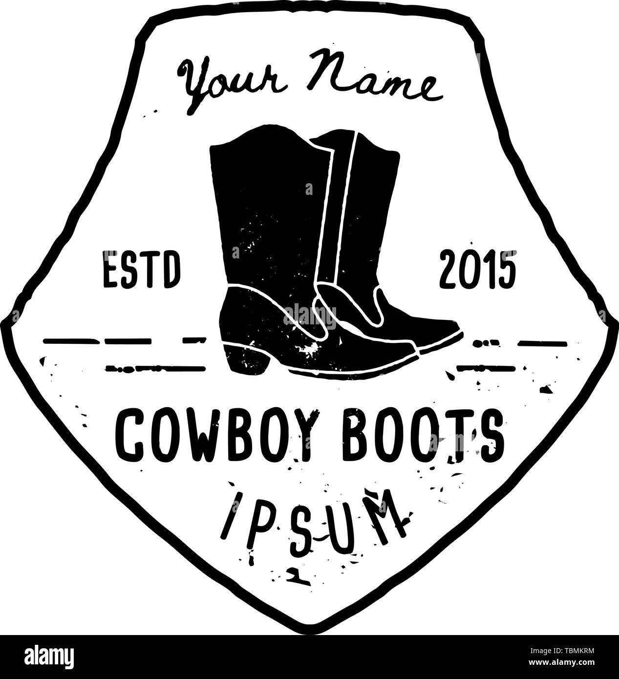 Western Logo cowboy boots hand Draw Grunge style. Wild West symbol sing of a cowboy boots and Retro Typography. Vintage Emblem for hand made cowboy boots, poster, t-shirt, cover, banner Stock Vector