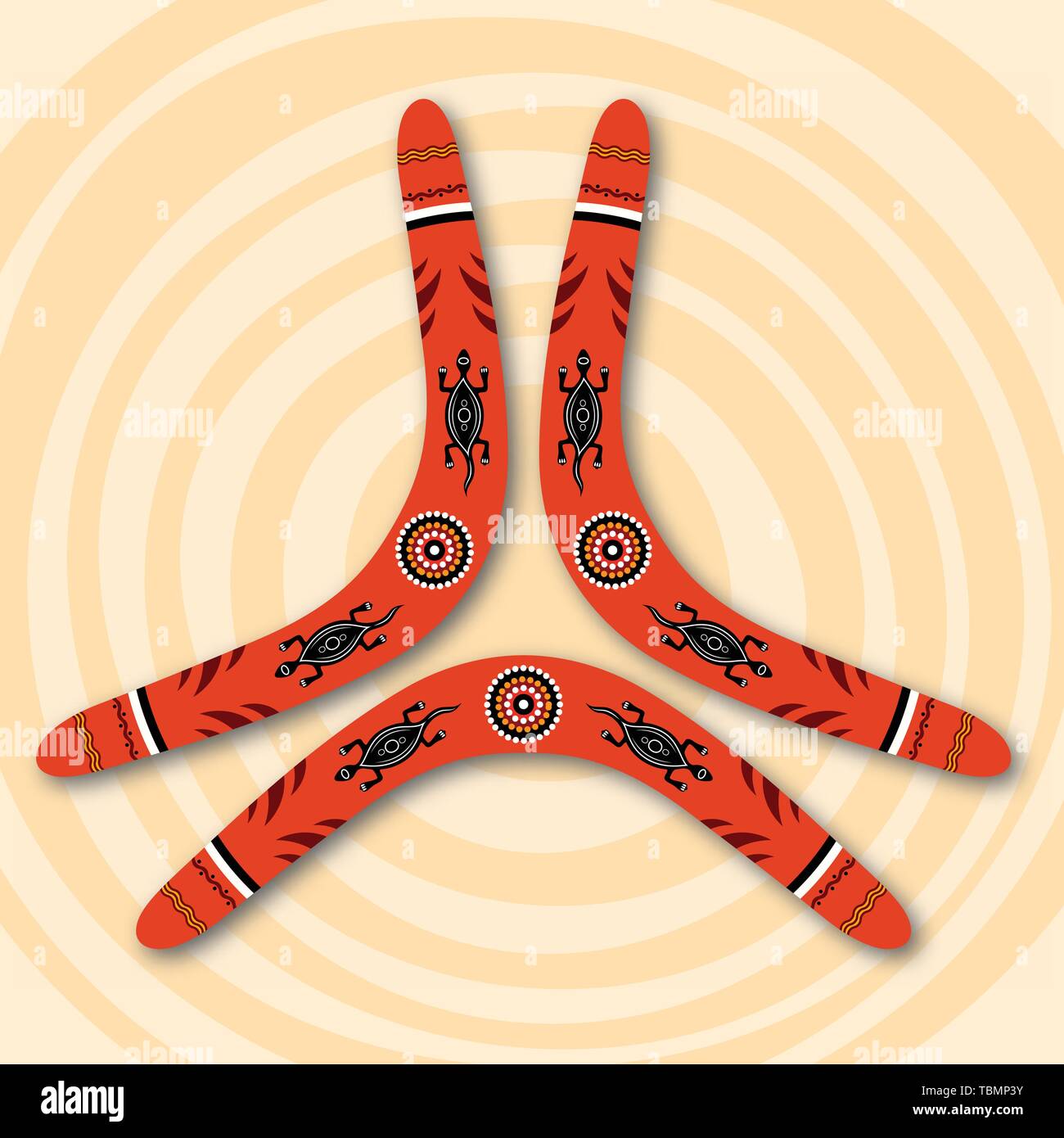 Boomerangs isolated on beige background with circles. Tribal style. Australian style. Vector illustration. Stock Vector