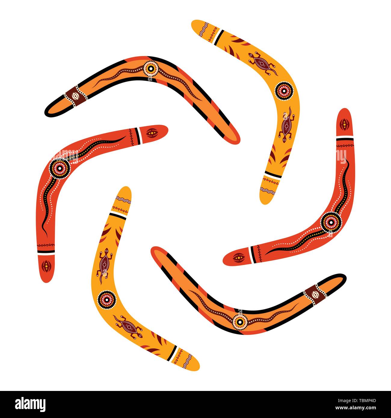 Set of boomerangs isolated on white background. Tribal style. Australian style. Vector colorful illustration. Stock Vector