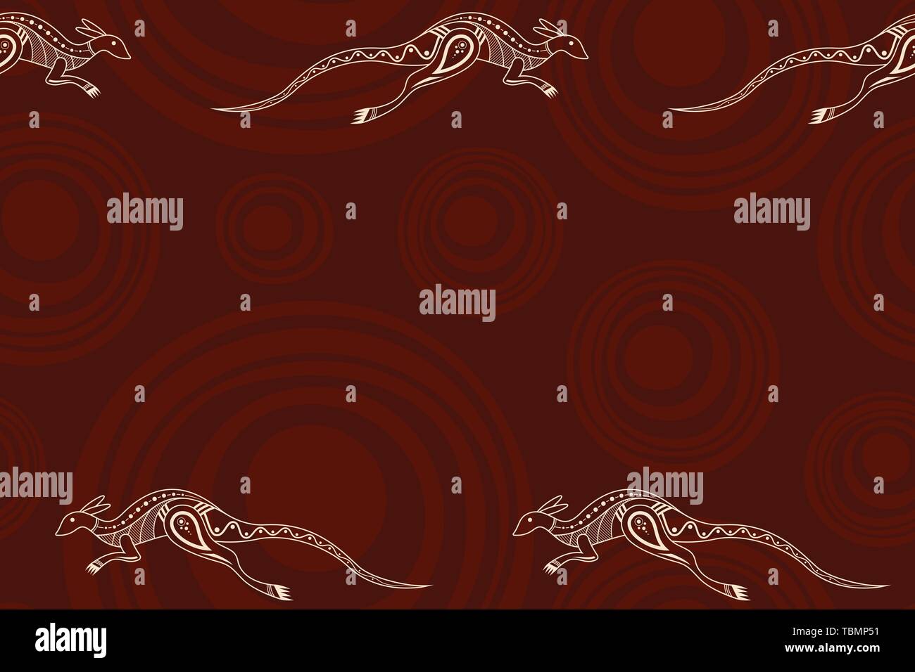 Seamless horizontal border pattern with kangaroos and smooth round shapes on background. Space for text. Australian art. Aboriginal painting style. Stock Vector