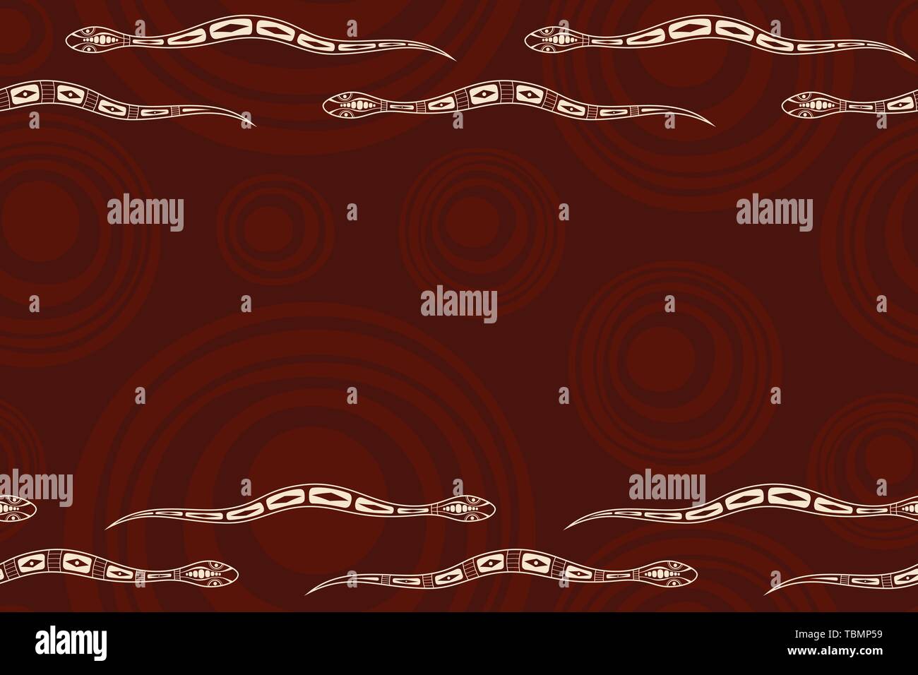 Seamless horizontal border pattern with snake and smooth round shapes on background. Space for text. Australian art. Aboriginal painting style. Stock Vector