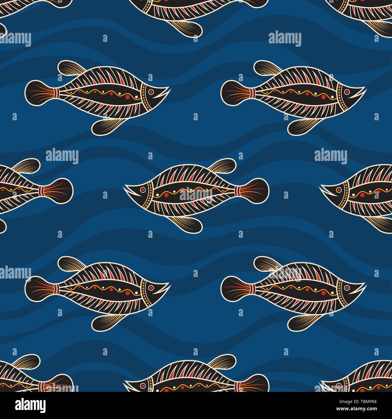 Seamless pattern of fishes with abstract waves on background. Australian art. Aboriginal painting style. Vector color background. Stock Vector