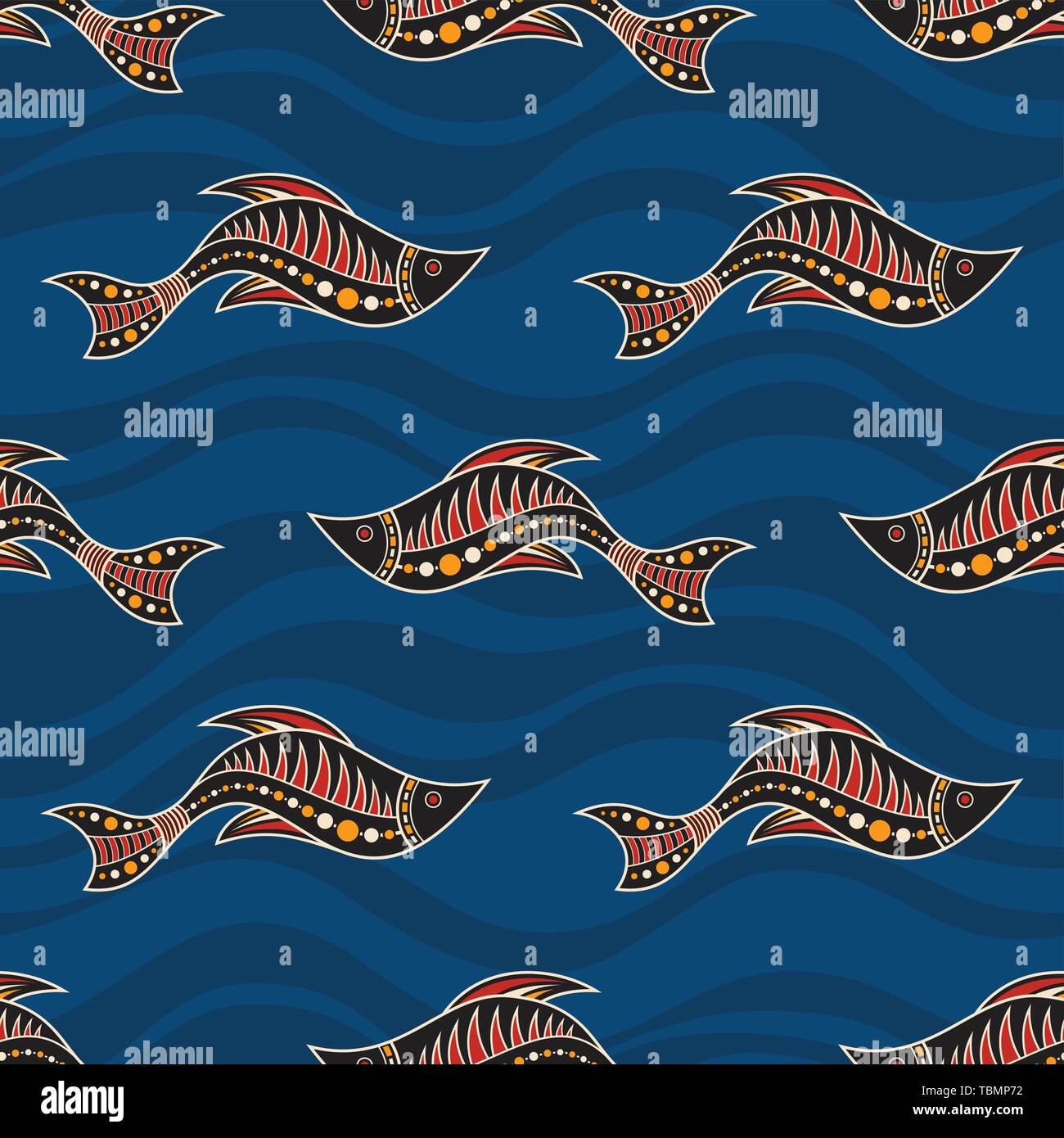 Seamless pattern of fishes with abstract waves on background. Australian art. Aboriginal painting style. Vector color background. Stock Vector