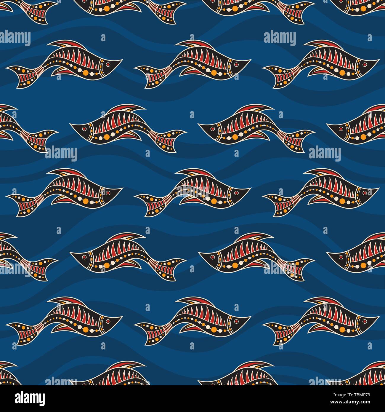 Seamless pattern of fishes with abstract waves on background. Australian art. Aboriginal painting style. Vector color background. Stock Vector
