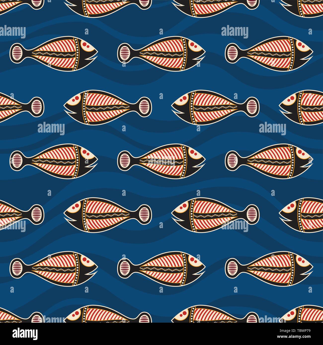 Seamless pattern of fishes with abstract waves on background. Australian art. Aboriginal painting style. Vector color background. Stock Vector