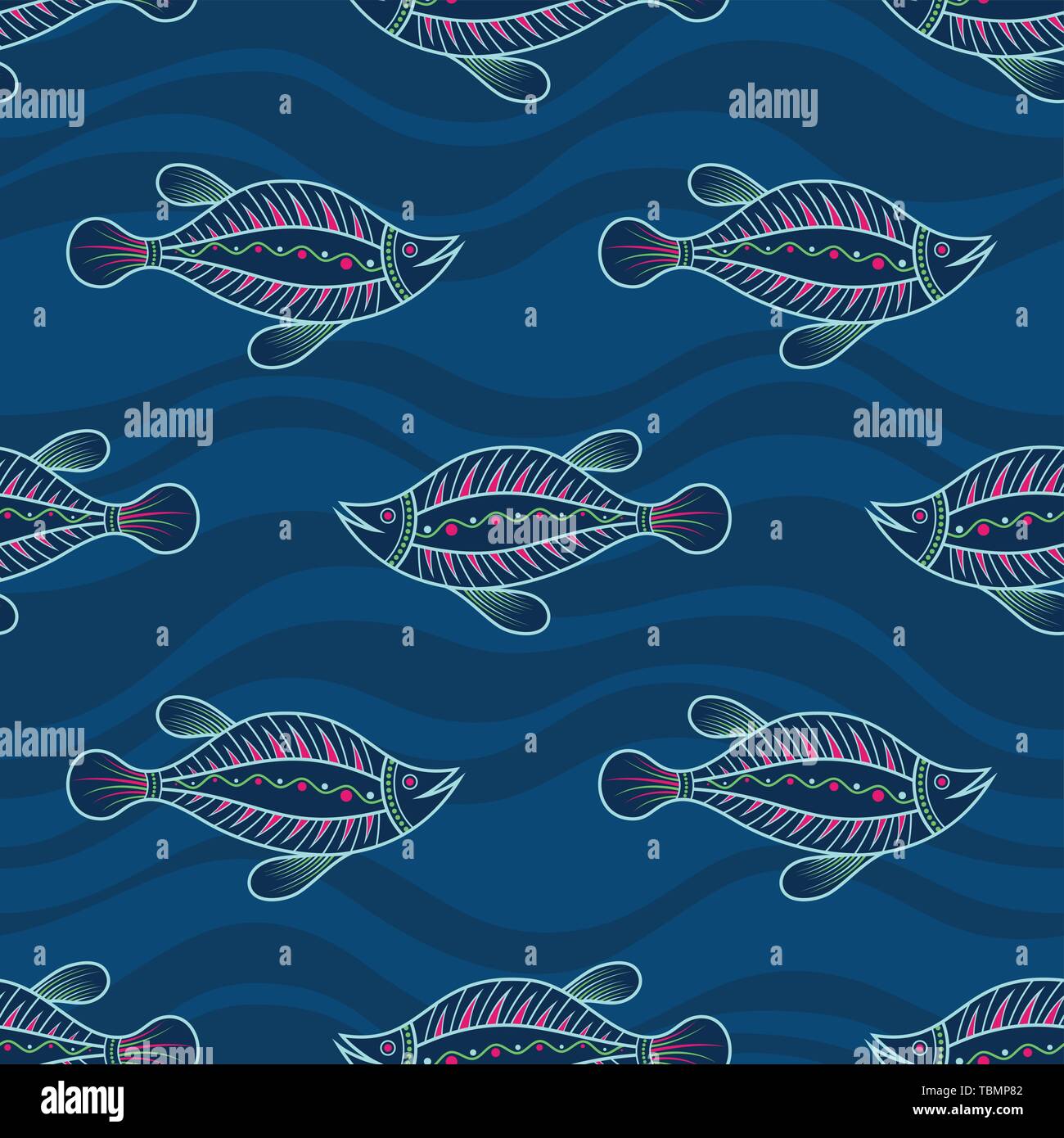 Seamless pattern of fishes silhouettes with abstract waves on background. Australian art. Aboriginal painting style. Vector color background. Stock Vector