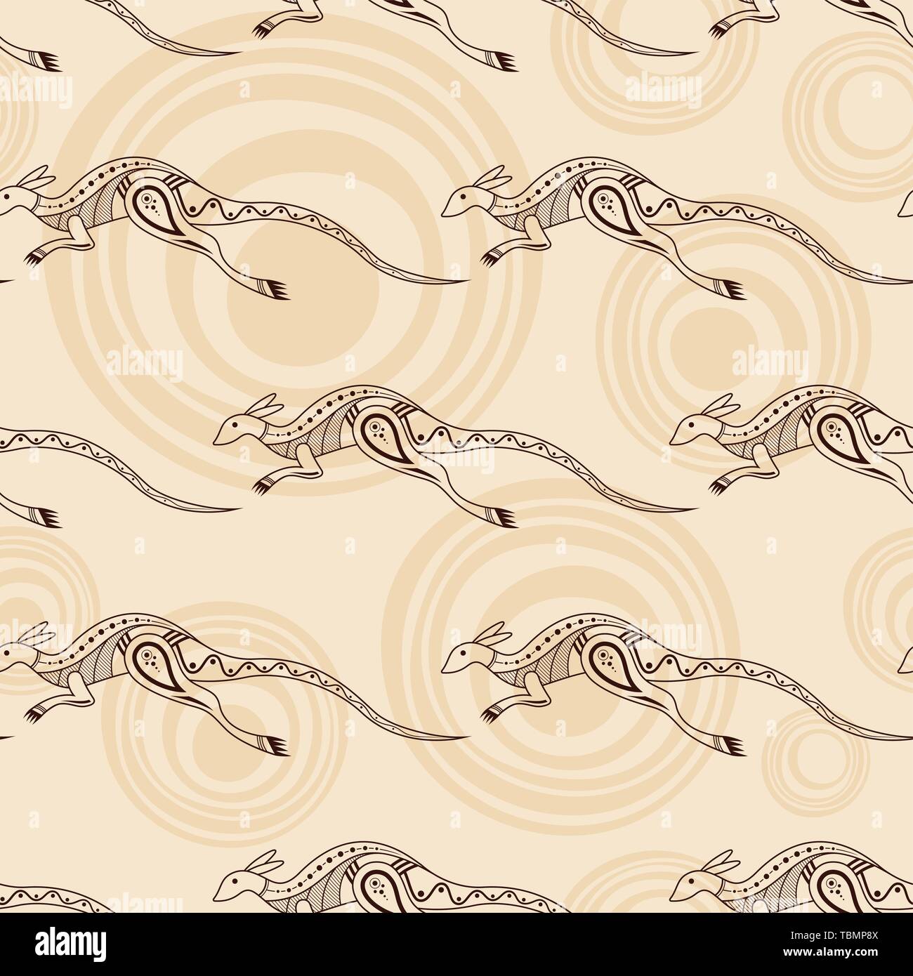 Seamless pattern of kangaroos silhouettes with abstract circles on background. Australian art. Aboriginal painting style. Vector color background. Stock Vector