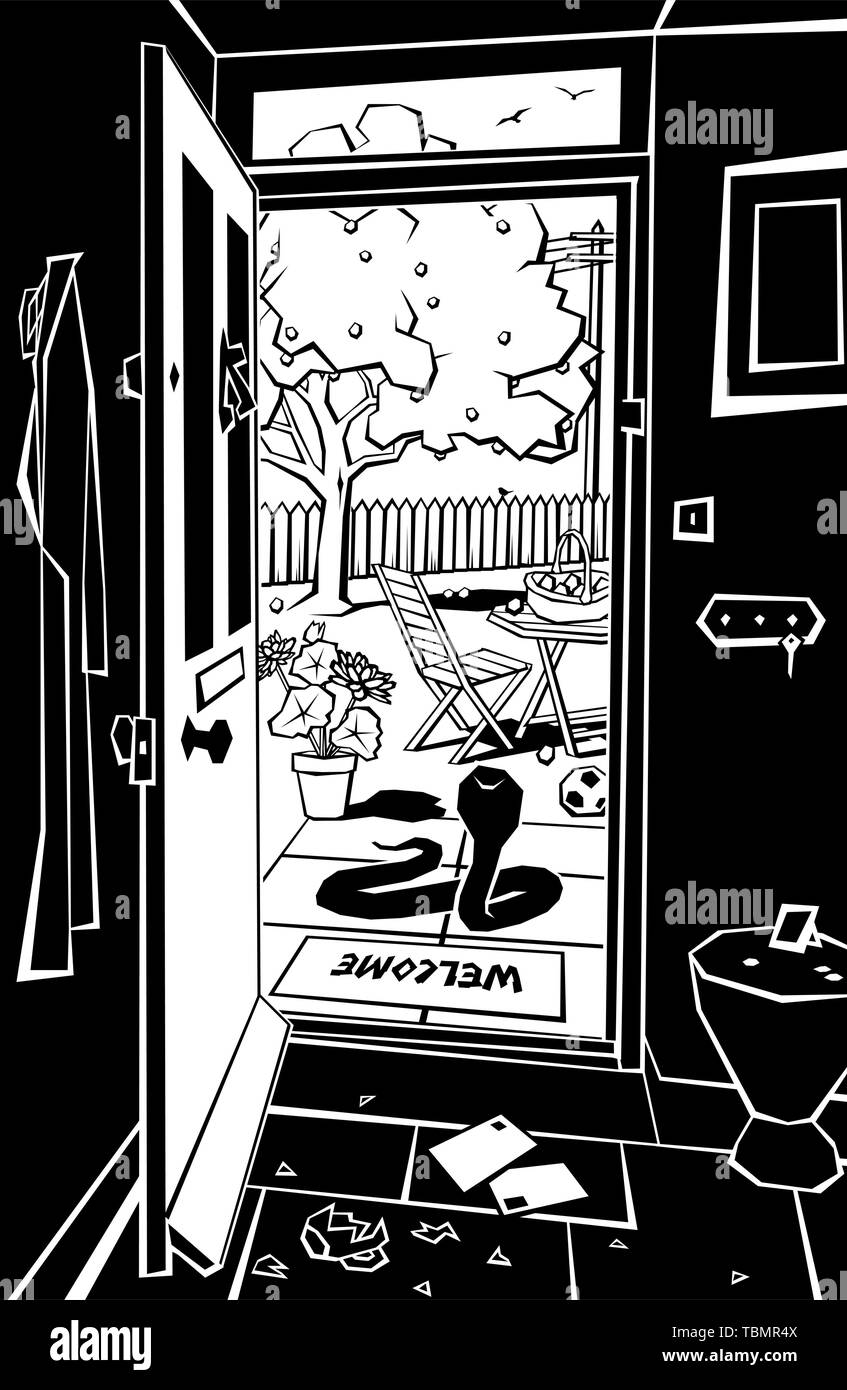Editable vector illustration of a cobra at a front door as a debt collector concept Stock Vector