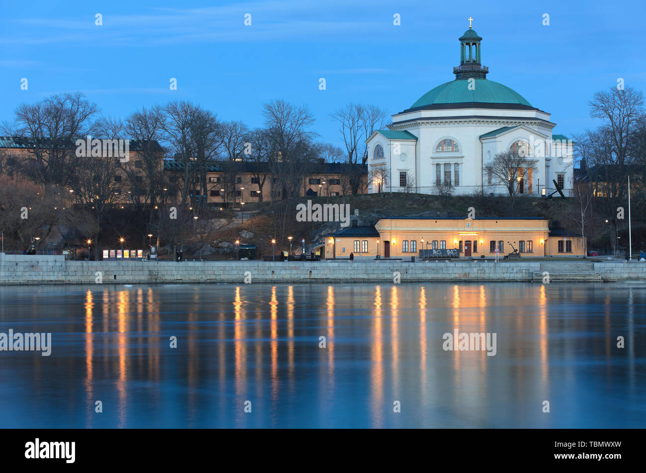 Skeppsholmen with Eric Ericsson Hall and Skärgårdsstiftelsen in the evening, in Stockholm, Sweden Stock Photo