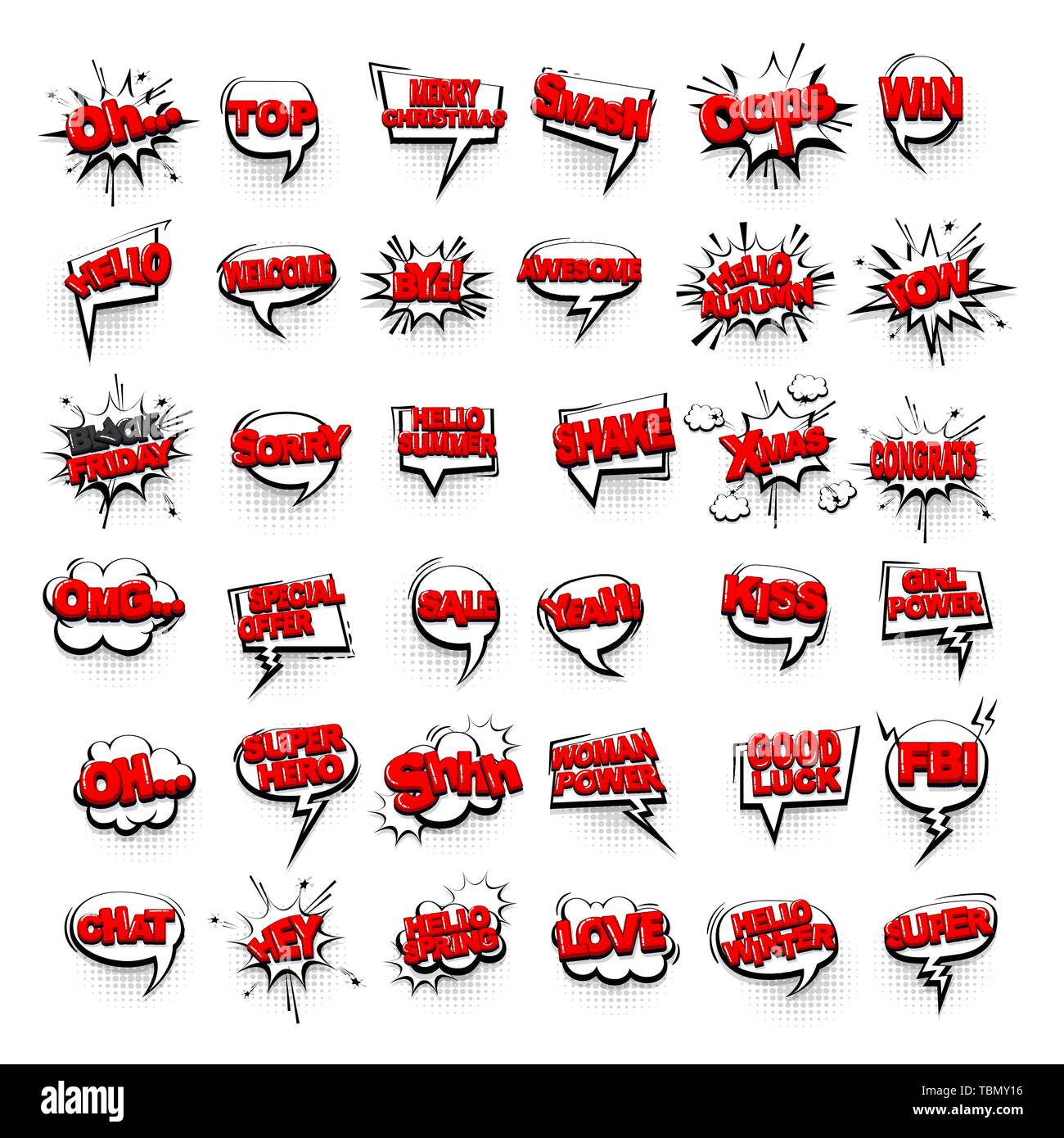 Comic text collection sound effects pop art style. Set vector speech bubble with word and short phrase cartoon expression illustration. Comics book re Stock Vector