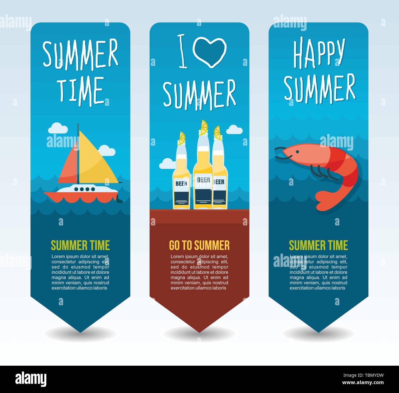 Sail boat, bottle beer and shrimp. Summer Travel and vacation vector banners. Summertime. Holiday Stock Vector