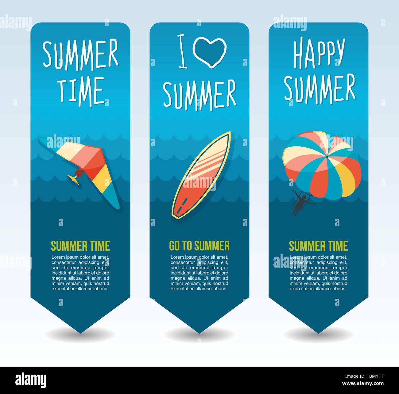 Parasailing, hang glider and surfboard. Summer Travel and vacation