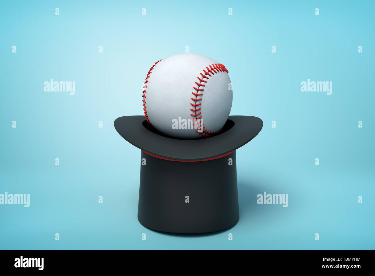 3d rendering of black tophat upside down with white baseball inside on light blue background. Stock Photo