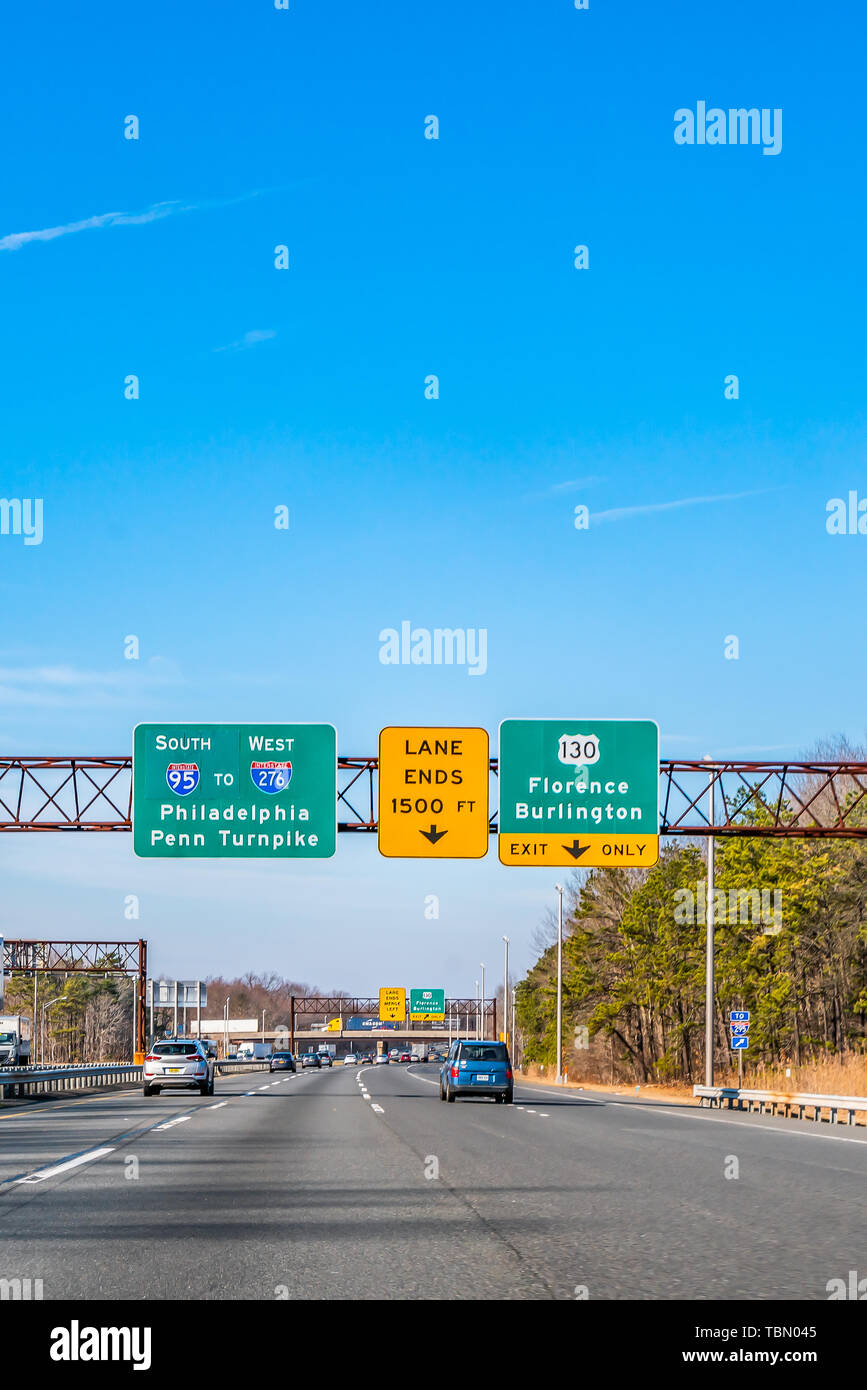 Philadelphia, Pennsylvania, USA - December, 2018 - Traffic sign on the Road from New York To Philadelphia, giving directions to Penn Turnpike and Flor Stock Photo