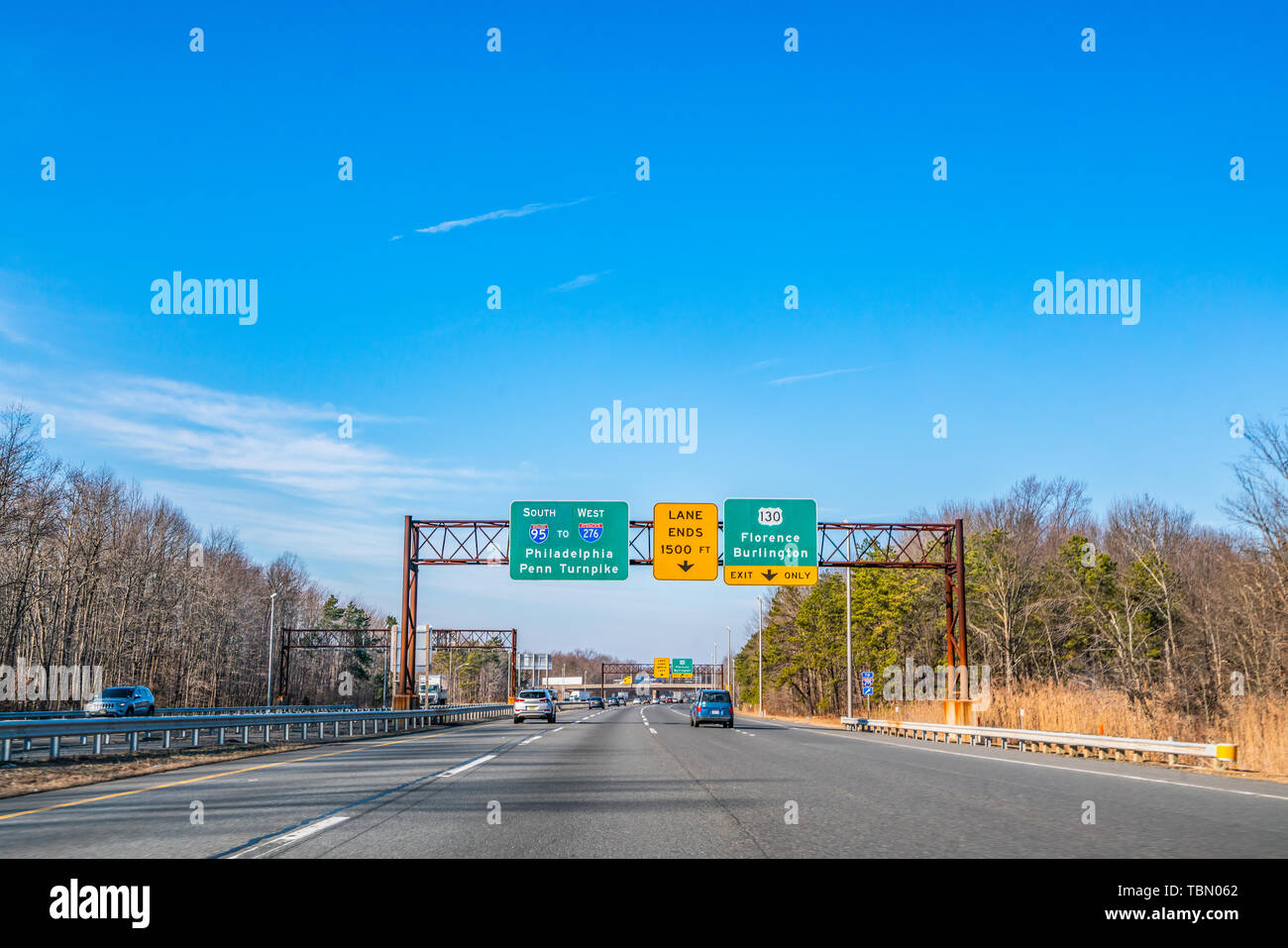 Philadelphia, Pennsylvania, USA - December, 2018 - Traffic sign on the Road from New York To Philadelphia, giving directions to Penn Turnpike and Flor Stock Photo