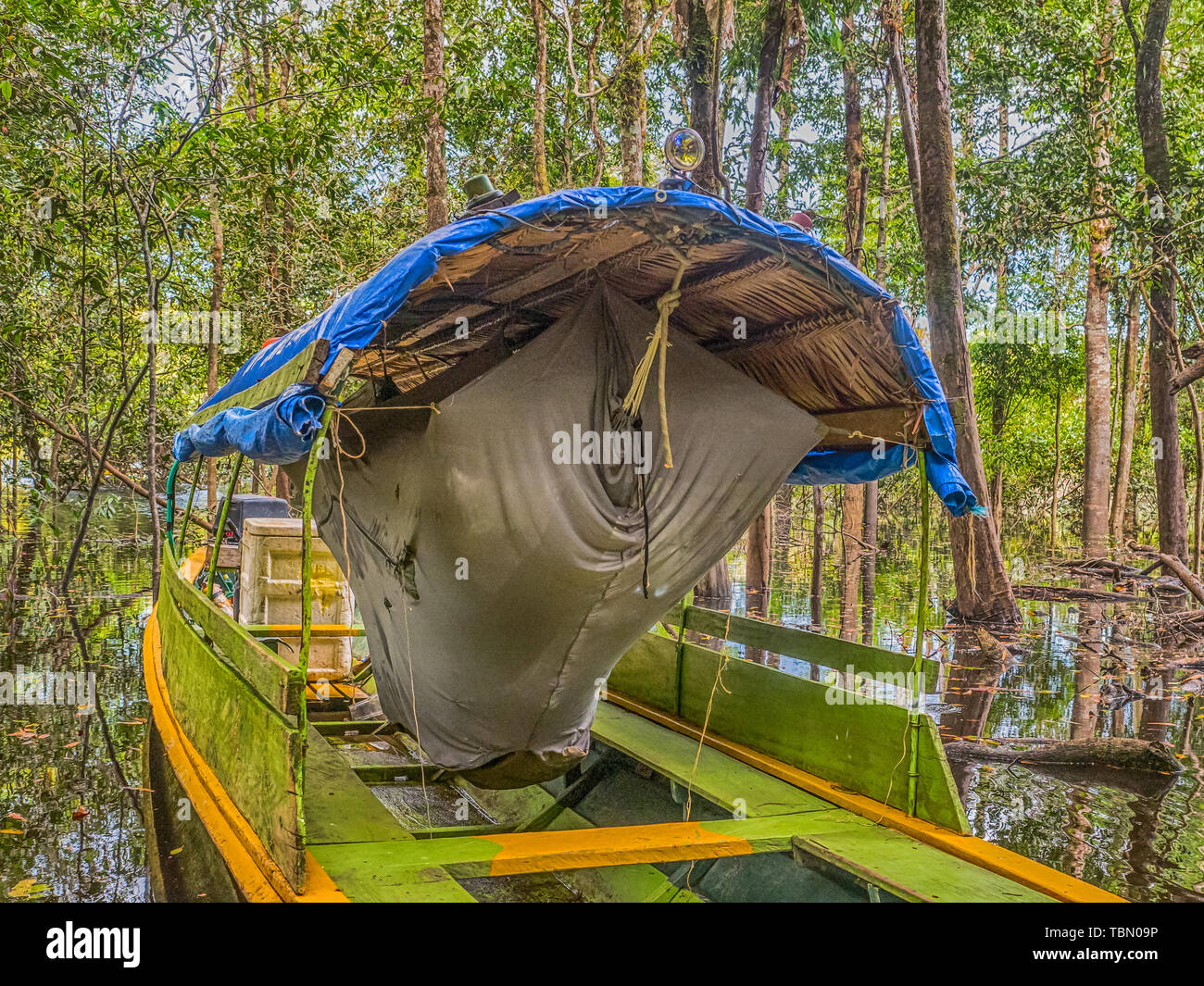Jungle, Brazil - March 19 2018: Hammock on the boat in the amazon jungle. Selva. South America, Amazonia. Stock Photo