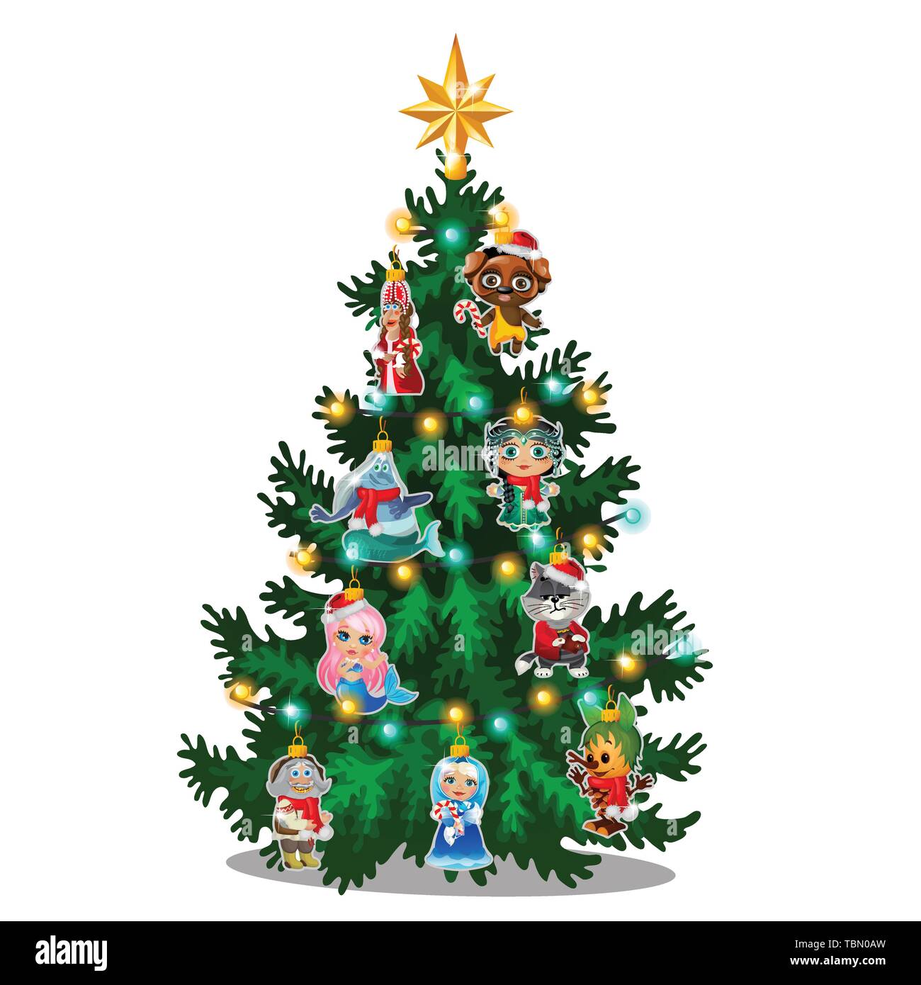 Green Christmas tree with colorful painted figurines of characters from famous fairy tales isolated on white background. Sample of poster, party Stock Vector