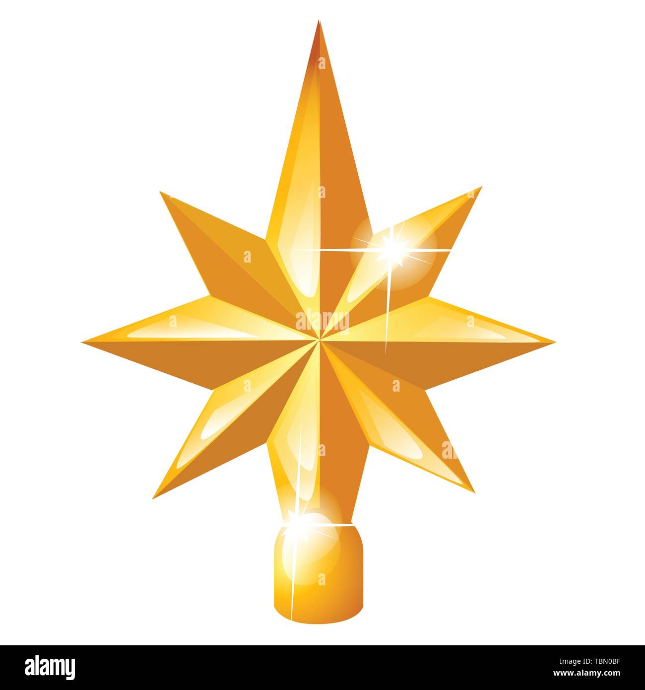 Golden star on the Christmas tree isolated on white background. Vector cartoon close-up illustration. Stock Vector
