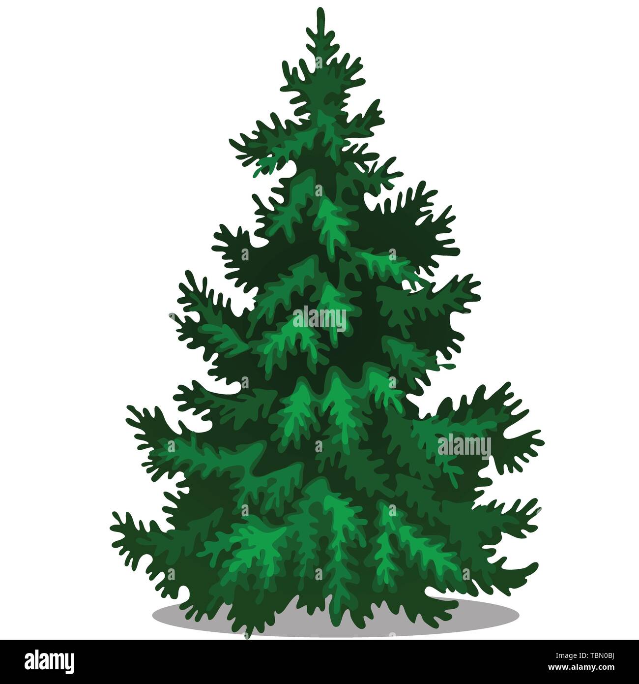 Christmas tree isolated on white background. Sample of poster, party holiday invitation, festive card. Vector cartoon close-up illustration. Stock Vector