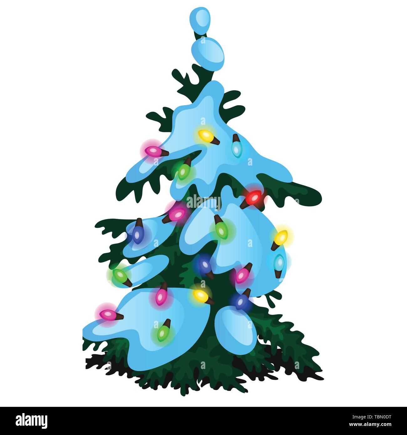 Green Christmas tree with glowing garland, glass baubles isolated on white background. Sample of poster, party holiday invitation, festive card Stock Vector