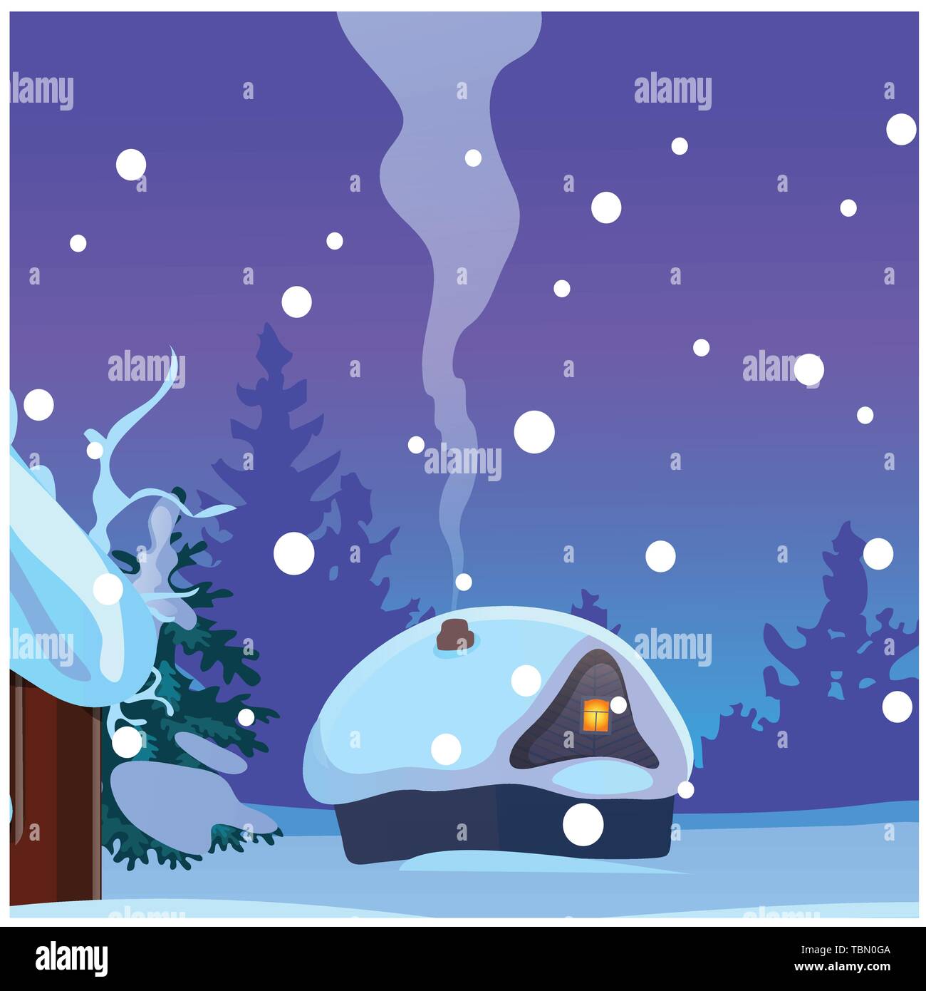 Poster with cozy rustic small hunting lodge with glowing window and smoke from the chimney in winter evening. Sample of poster, party holiday Stock Vector