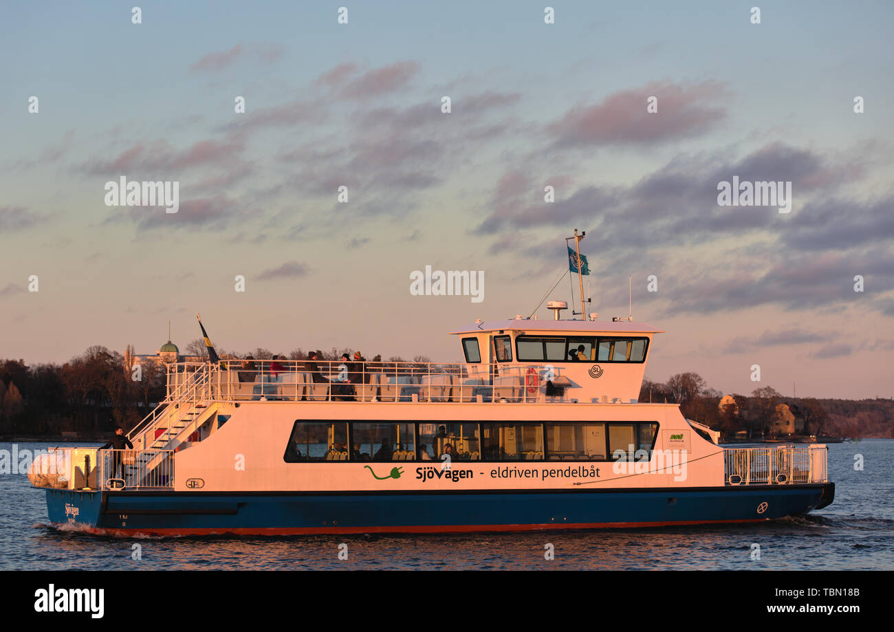 Electric shuttle boat Sjövägen outside Nacka Strand, Stockholm, Sweden