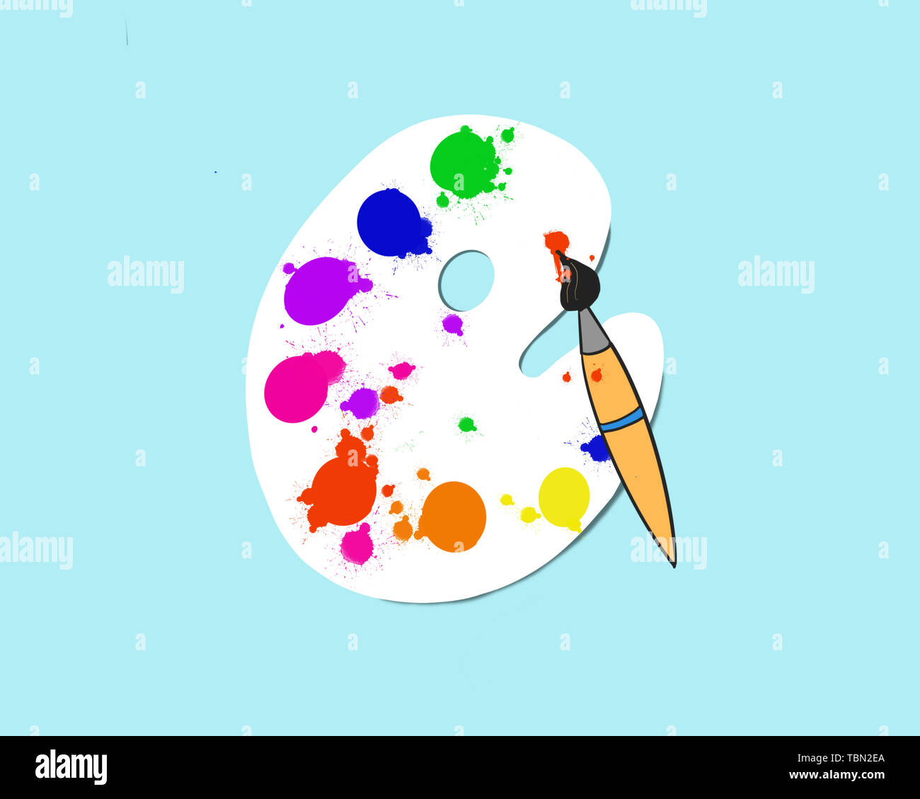 an illustration of art materials with brushes pencils and an artists palette with paints on a white background Stock Photo - Alamy