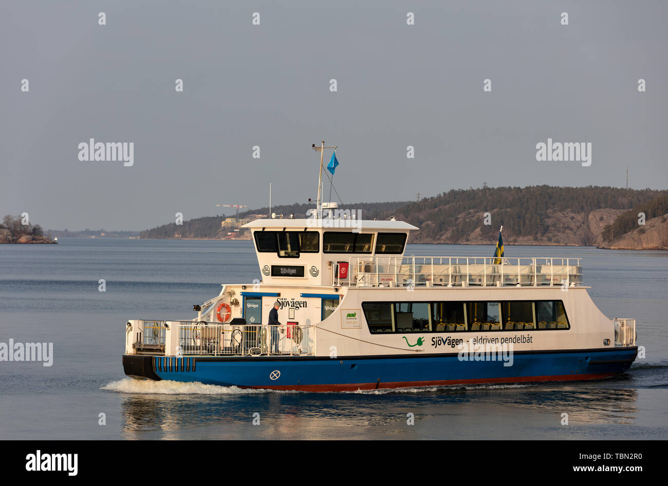 Electric shuttle boat Sjövägen outside Nacka Strand, Stockholm, Sweden