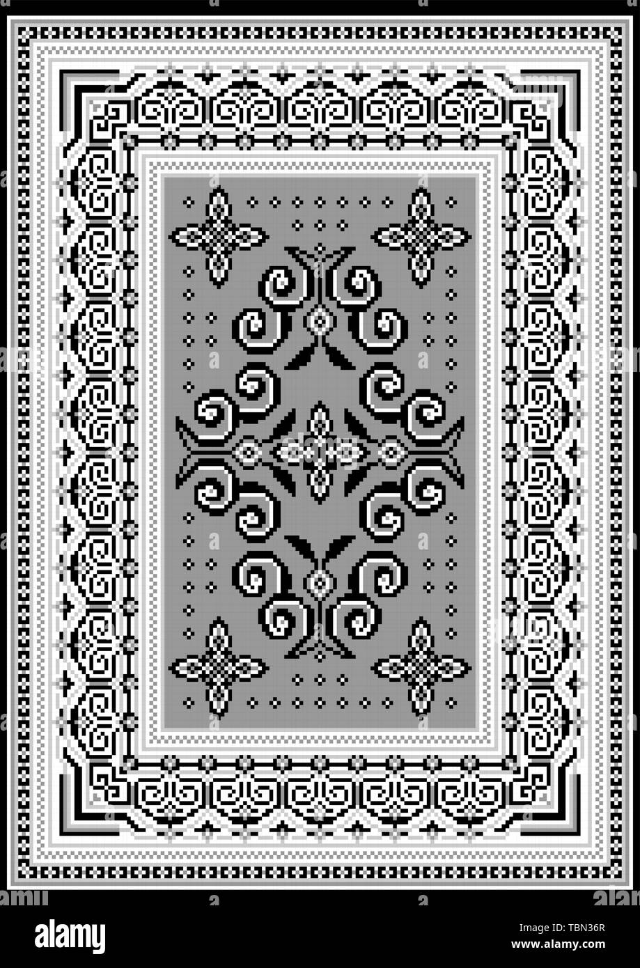 Vintage rug with an ethnic black and white pattern on the grey in the middle and on the white on the sides Stock Vector