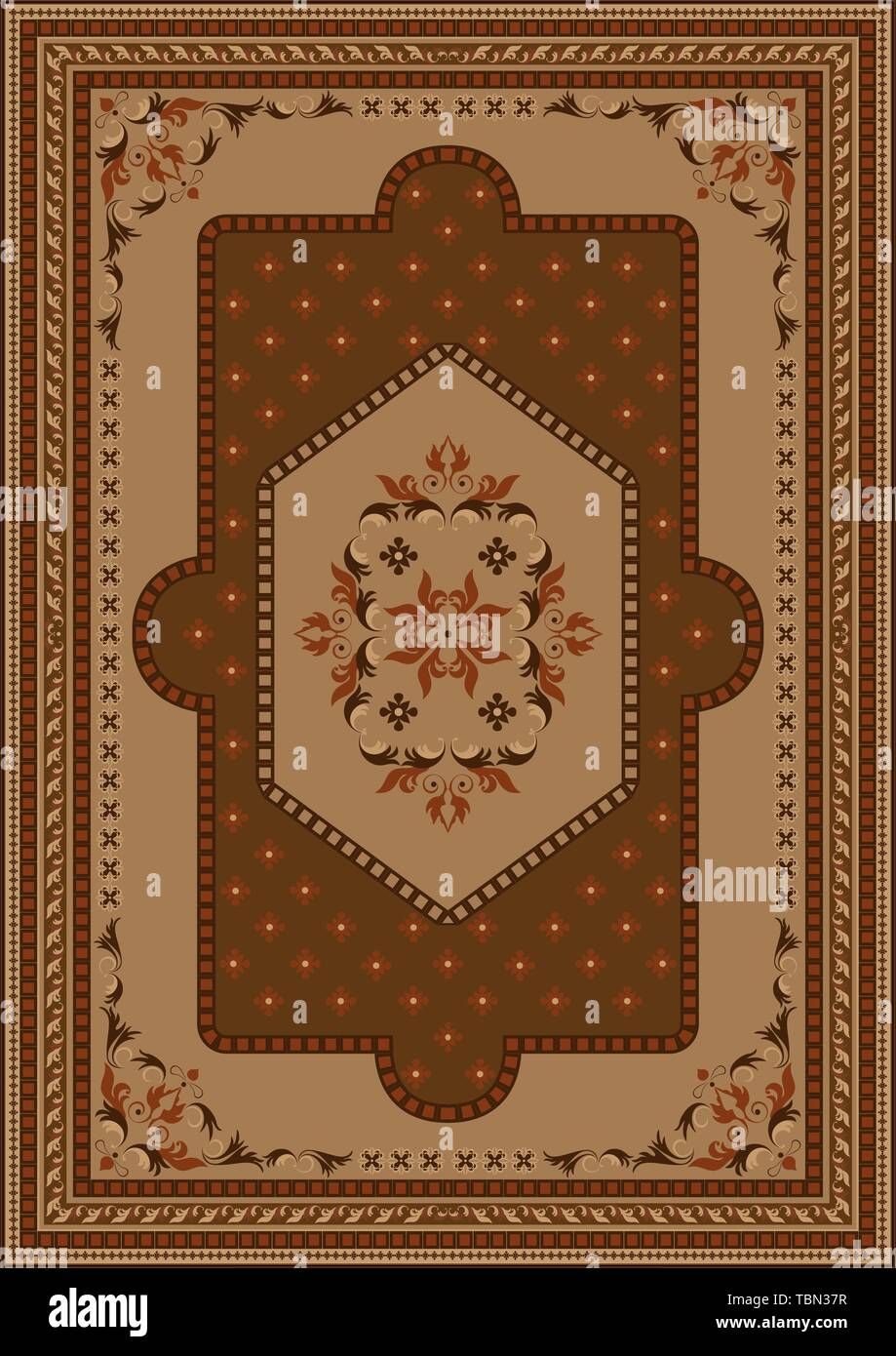 Luxury carpet with ethnic oriental ornament in brown and yellow shades ...