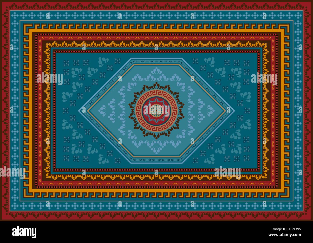 Luxury ethnic motley carpet with oriental ornament colored in blue and ...