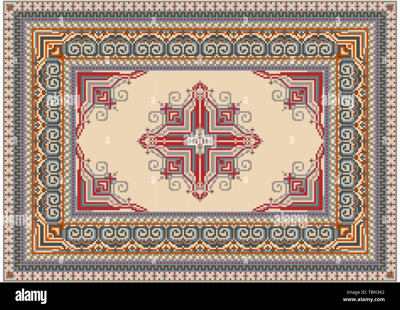 Luxurious ethnic carpet with beige and red ornaments along the edges ...
