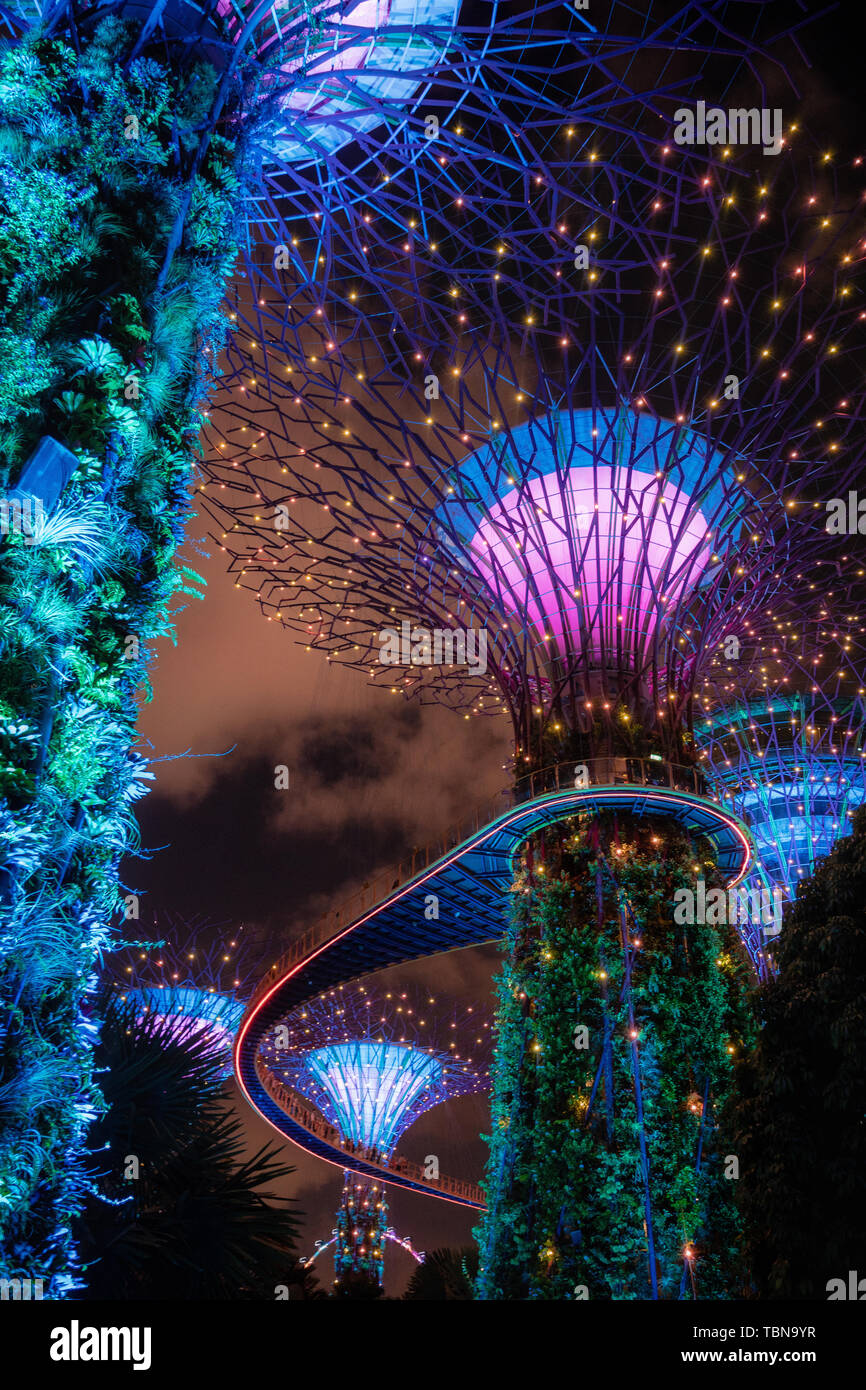 Singapore April 2, 2018 Light show of Giant trees at Garden by the