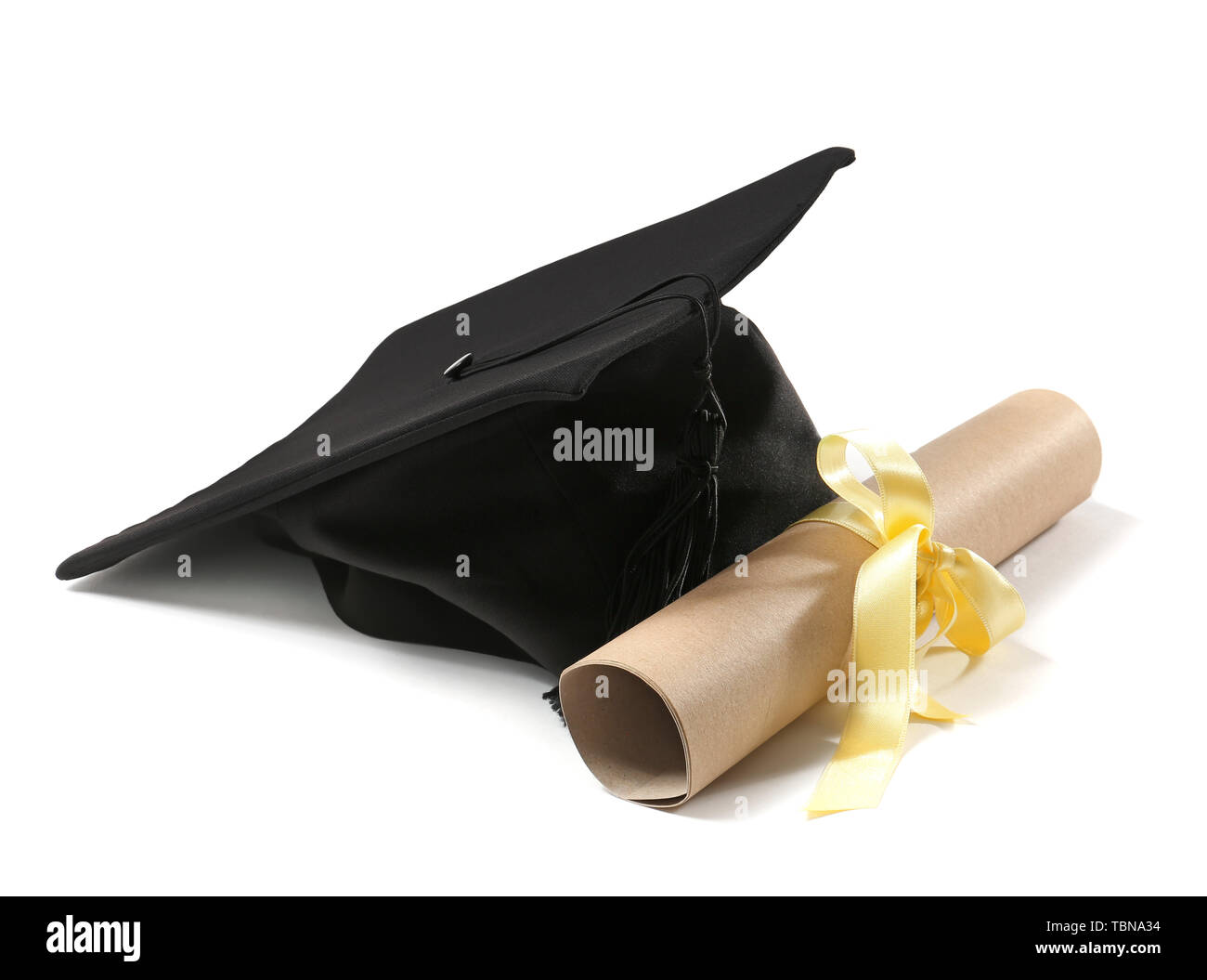 Mortar board and diploma on white background. Concept of high school ...