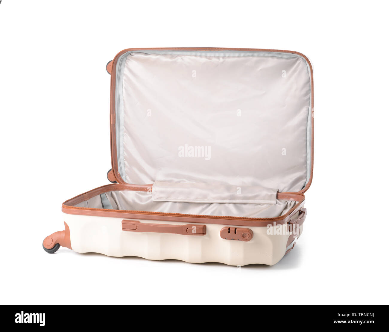 Open empty suitcase on white background Stock Photo Alamy