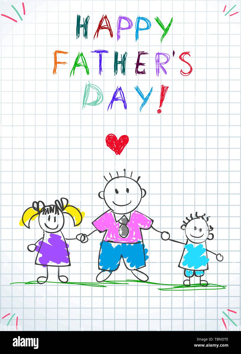 Dad with Kids, Happy Fathers Day Baby Greeting Card. Baby Drawing ...