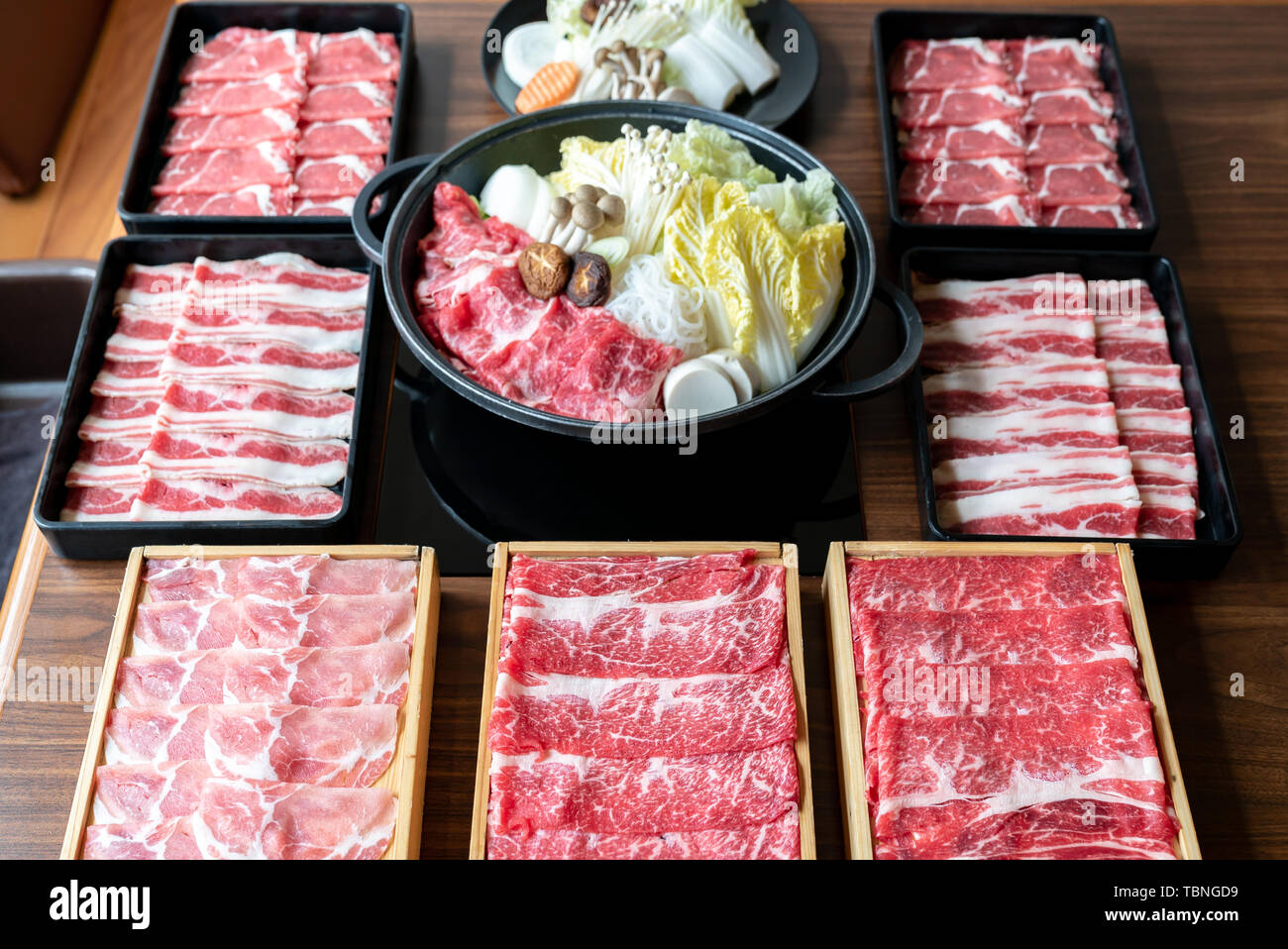 Japanese wagyu beef and kurobuta pork Sukiyaki set ready to cook Stock